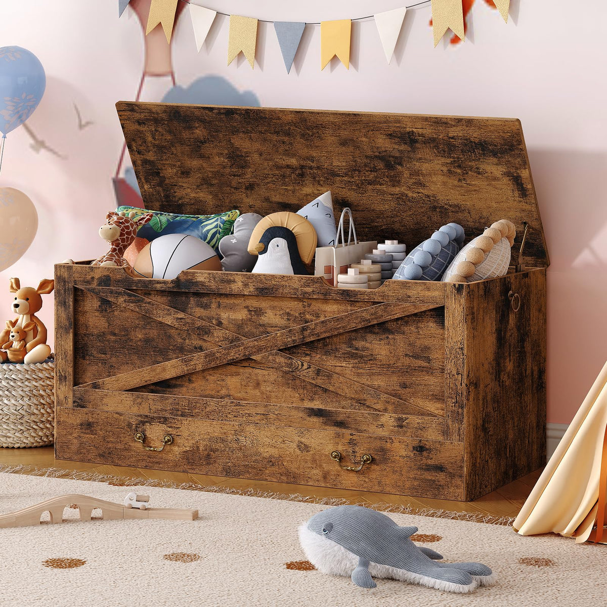 RALGEND Toy Chest, 39.4" Storage Chest with Drawer and Pull Handles