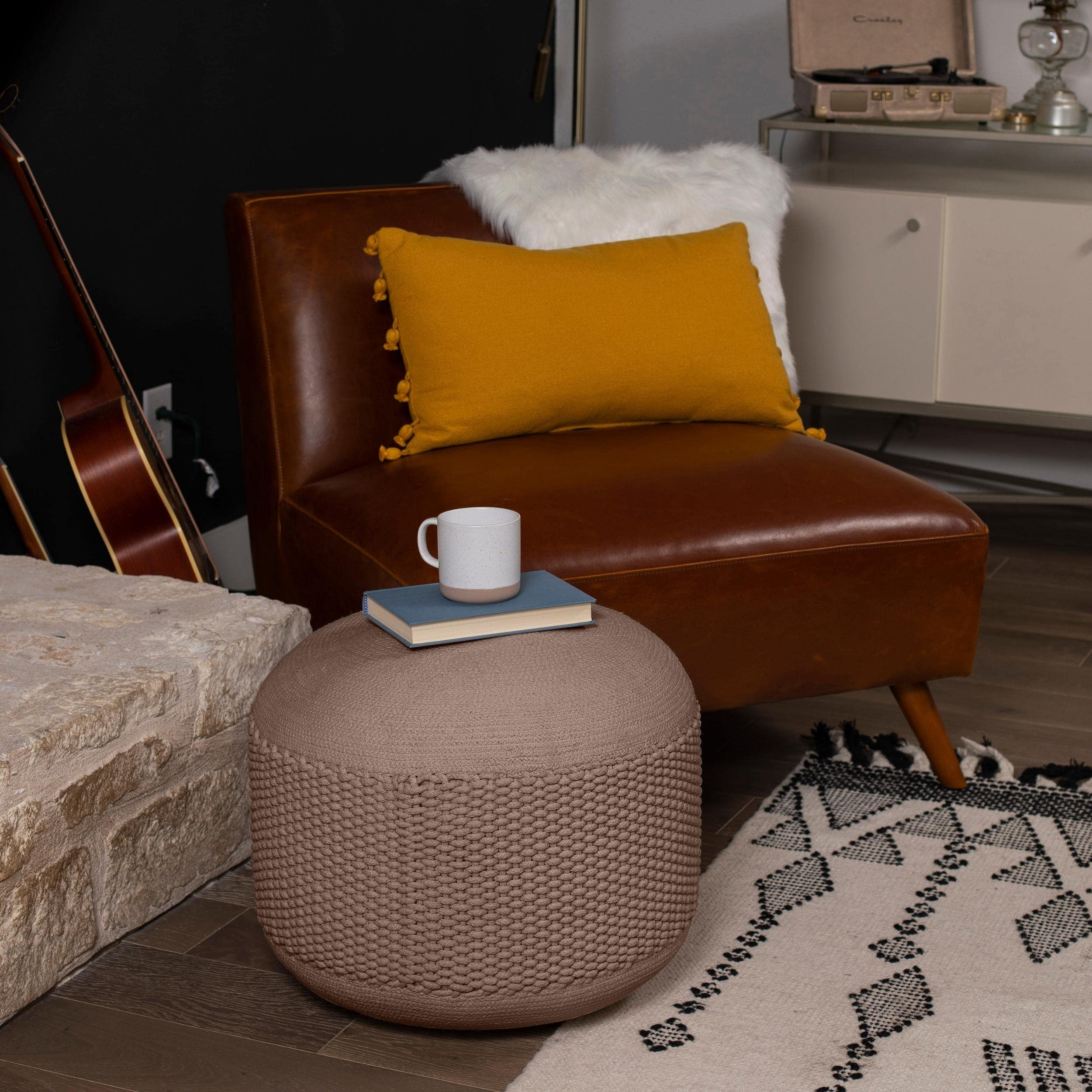 BIRDROCK HOME Outdoor Pouf Ottoman | Hand Woven Waterproof Foot Stool with Bead Bag Filling | Boho Foot Rest for Patio, Living Room, Porch & Outdoor Seating | Lightweight, Soft Stuffed Chair | Brown