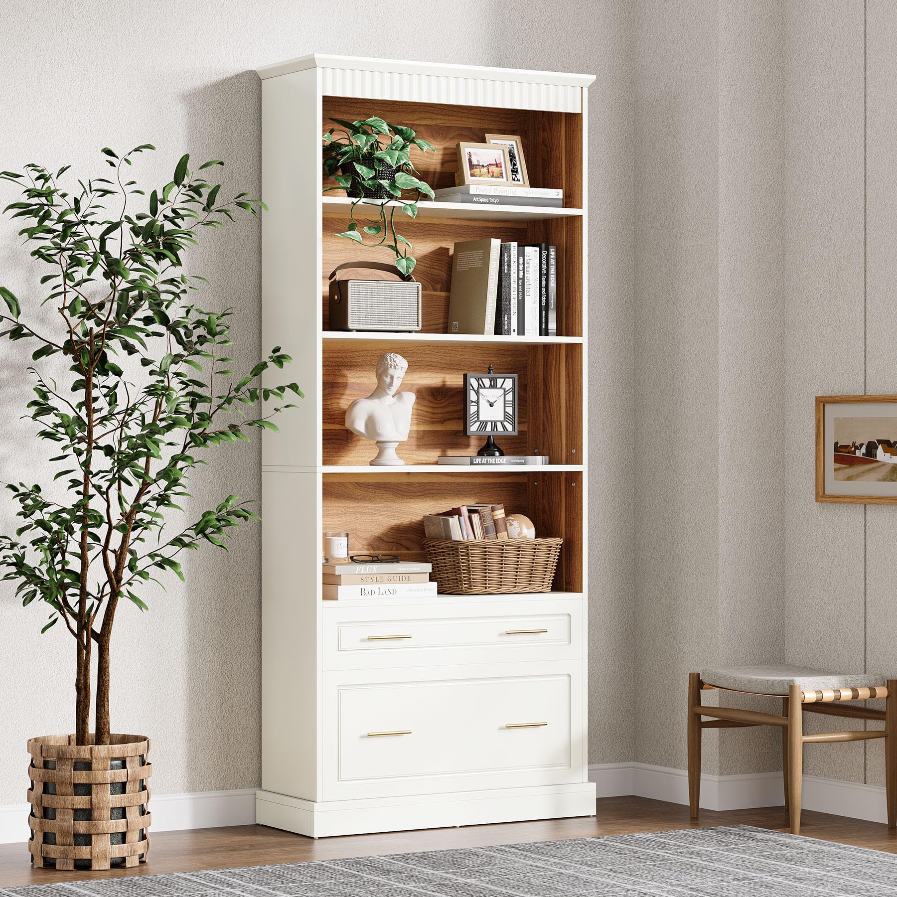 Tribesigns 5-Shelf Bookcase with File Cabinet Drawer, 72" Tall Bookshelf, Modern Free-Standing Wood Bookcase, Large Open Display Storage Book Shelf for Living Room (1, White)