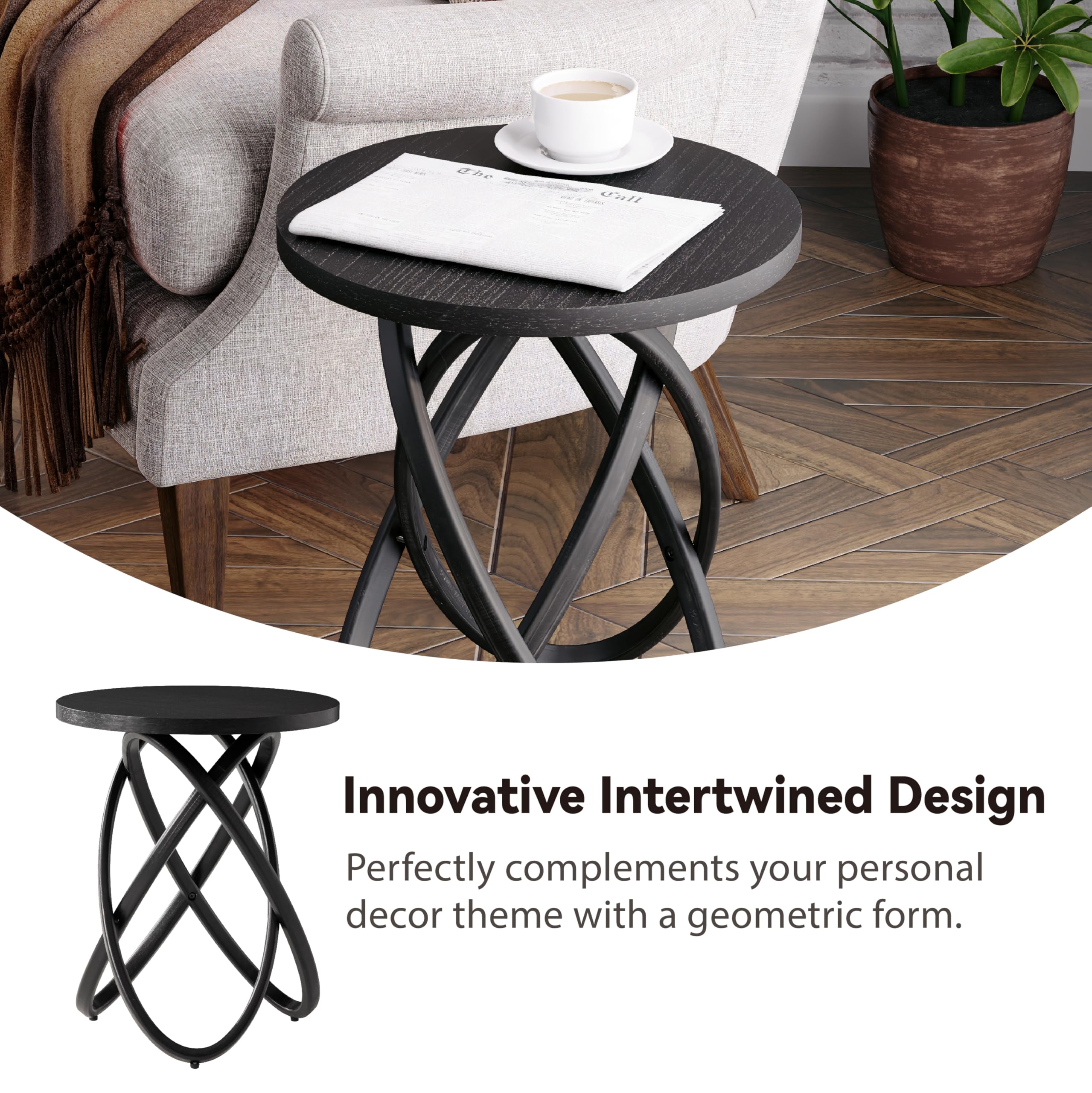 COZAYH Round End Table Farmhouse Wood Side Table Rustic Plant Stand with Intertwined Line Design for Living Room, Office, Black