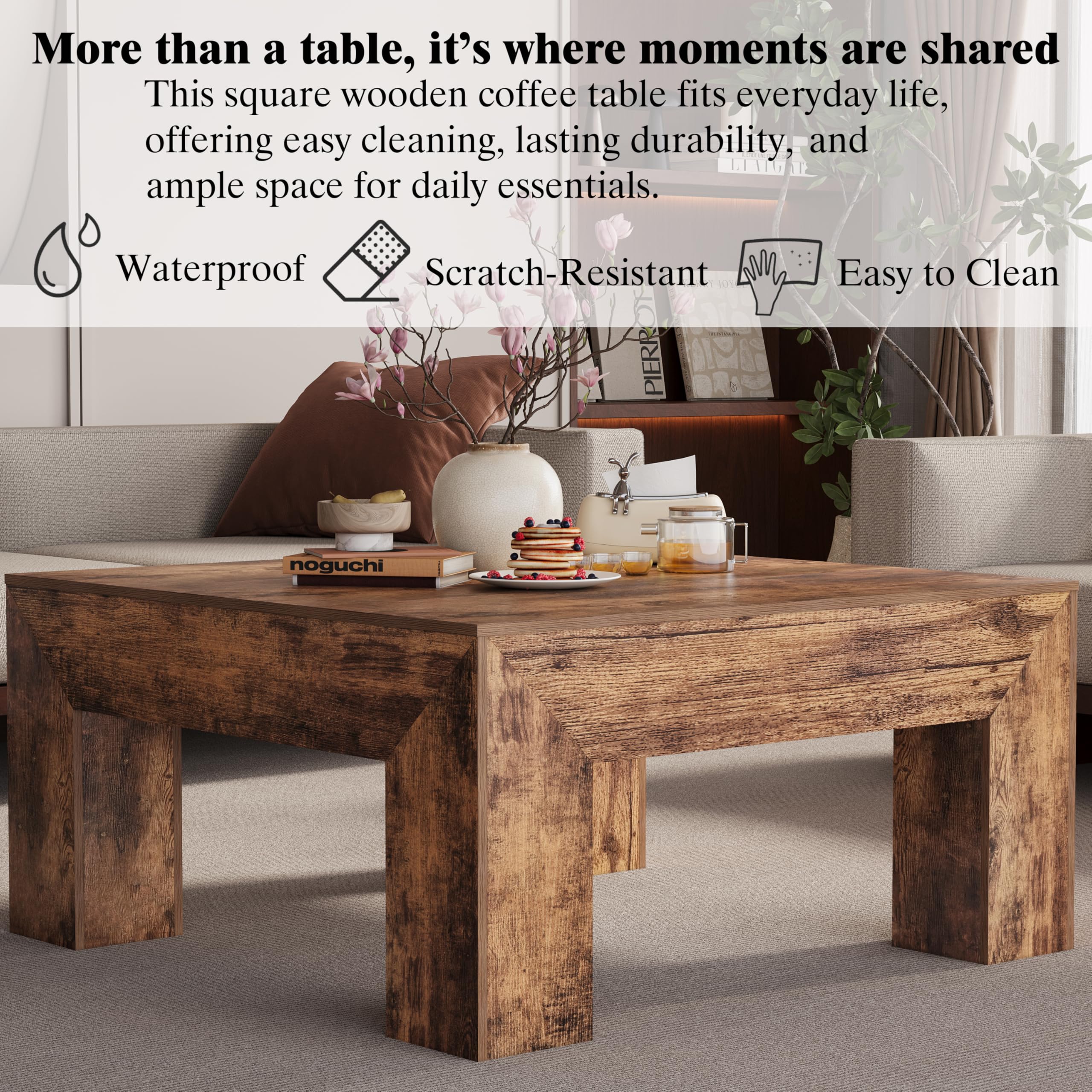 Square Coffee Table with Thick Base – Rustic Brown