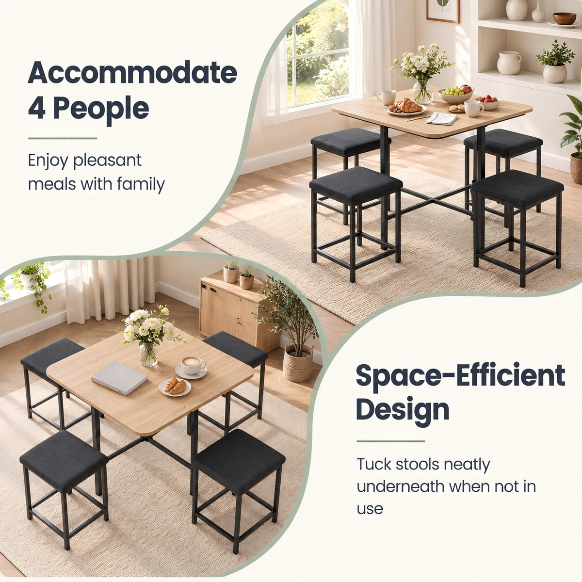 COSTWAY Dining Table Set for 4, Kitchen Table with Stools (Natural & Black)