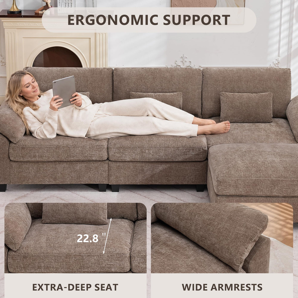 Immulize Sectional Sofa, L Shaped Cloud Couch with Movable Ottoman, Brown