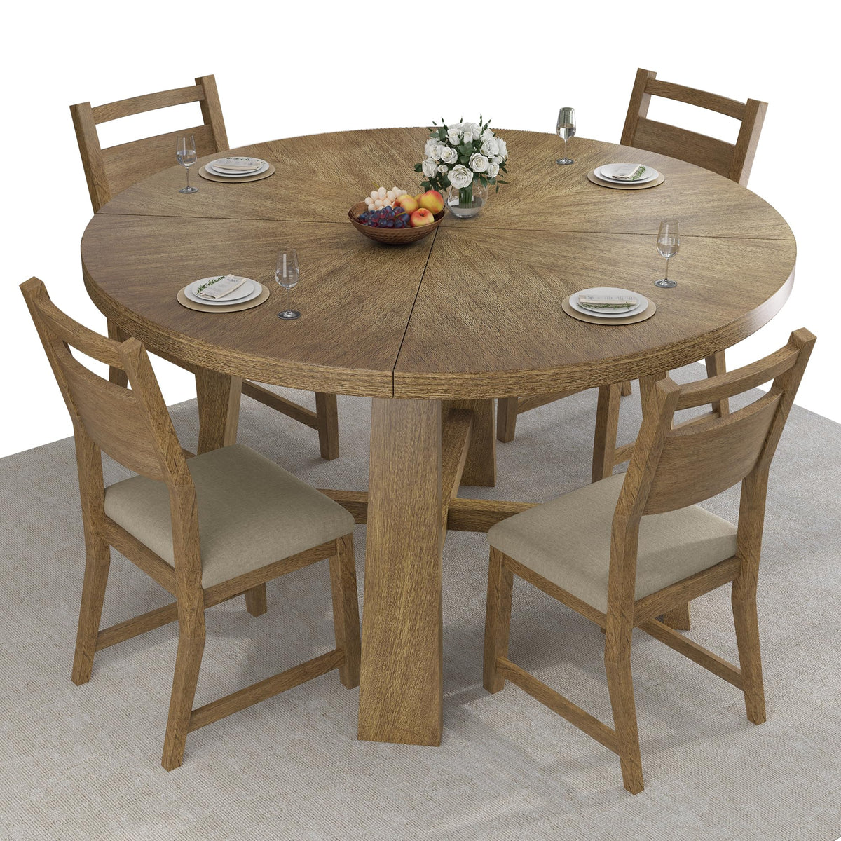 Round Solid Wood Dining Set for 4