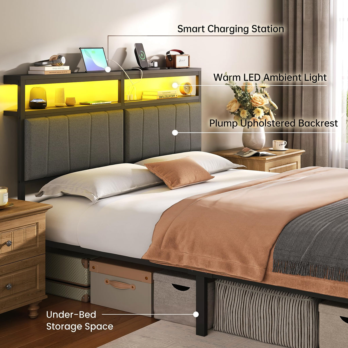 UHTN Queen Bed Frame with Storage Drawers and Charging Station, Grey
