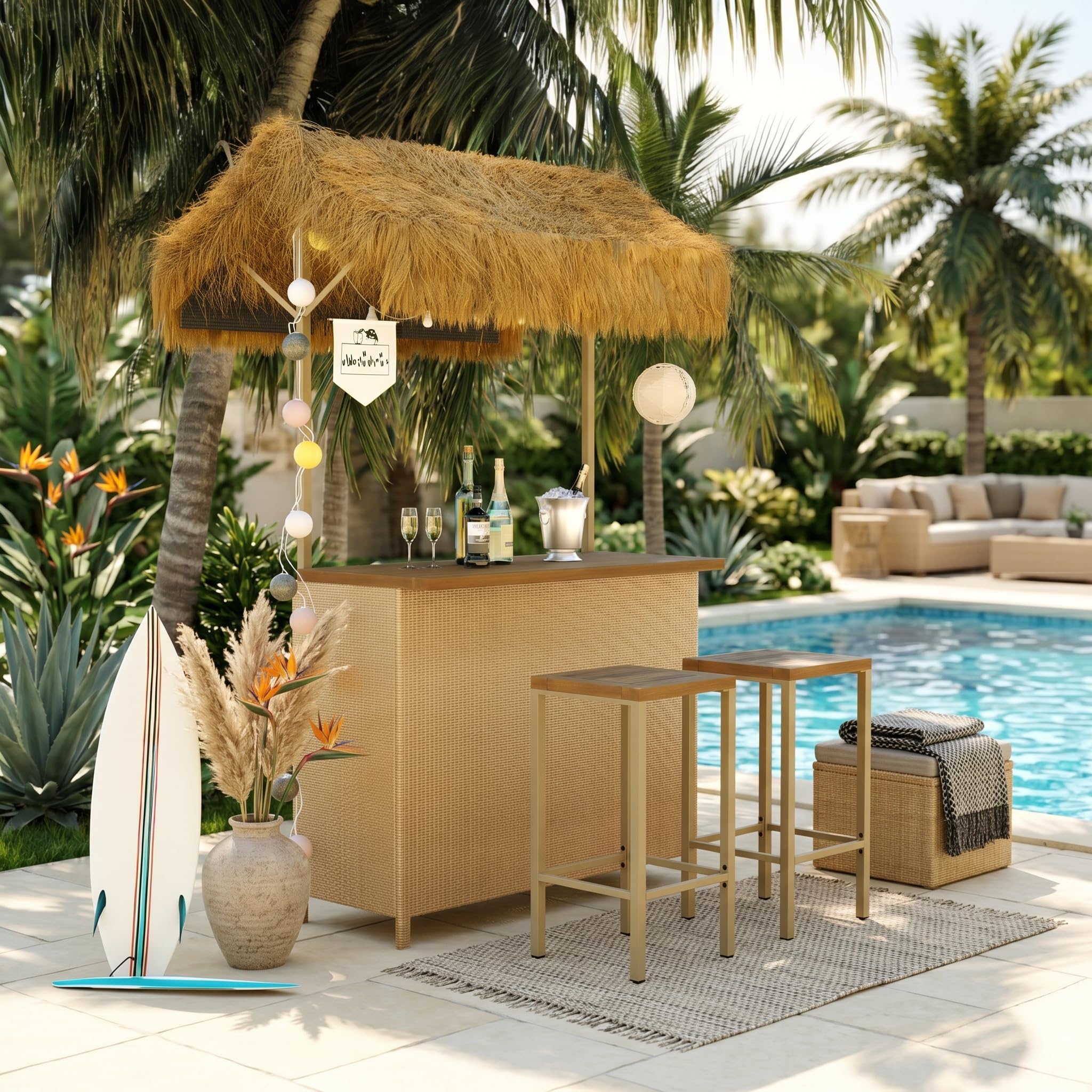 LUMISOL Outdoor Bar Table and Stools, Hawaiian Style Bar Height Patio Set with PE Grass Canopy, Acacia Wood Top and Adjustable Feet, 3 Piece Wicker Island Bar and 2 Stools, Natural