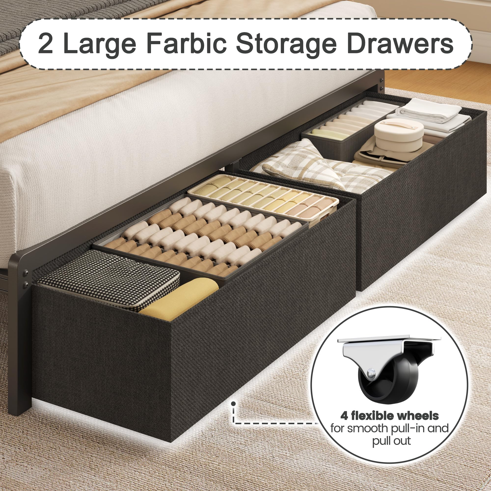 Upholstered Bed Frame with Storage Drawers, Charging Headboard & LED Lights