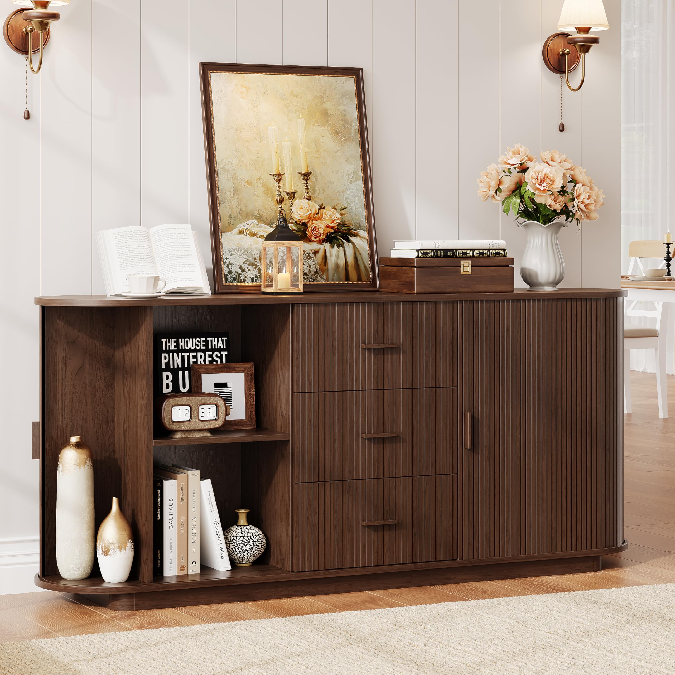 63" Fluted Sideboard Buffet Cabinet with 3 Drawers & 2 Sliding Doors