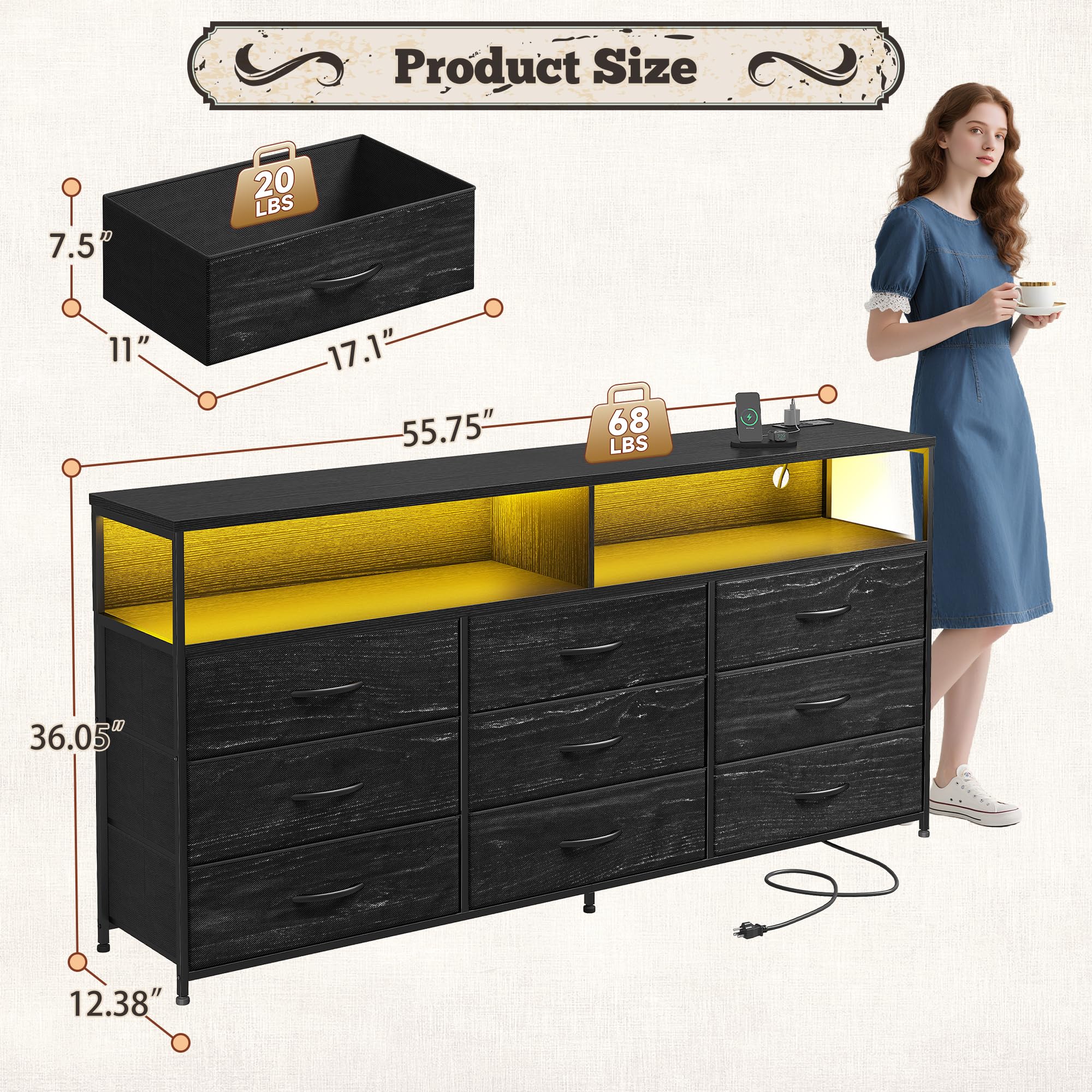 Romorgniz 55" W Dresser for Bedroom with 9 Drawers LED TV Stand with Power Outlets for 45, 55, 65 Inch TV Sturdy Long Chest of Drawers with Extra 2 Wooden Shelves Steel Frame Grain Black