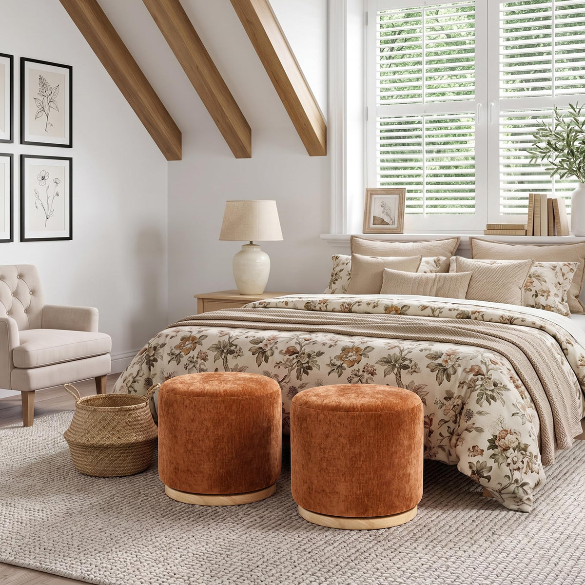 Zibeths Swivel Round Ottoman Set of 2, Burnt Orange Chenille Footstool