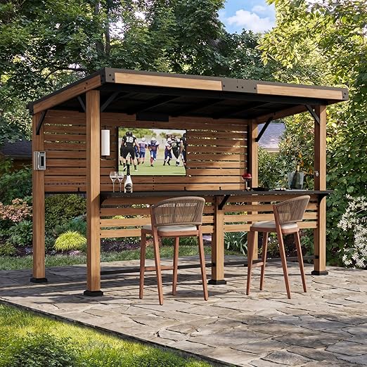 Cedar Wood Outdoor Bar Grill Gazebo with TV Mount & USB Charging
