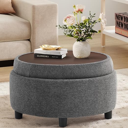 Round Storage Ottoman with Reversible Tray Lid