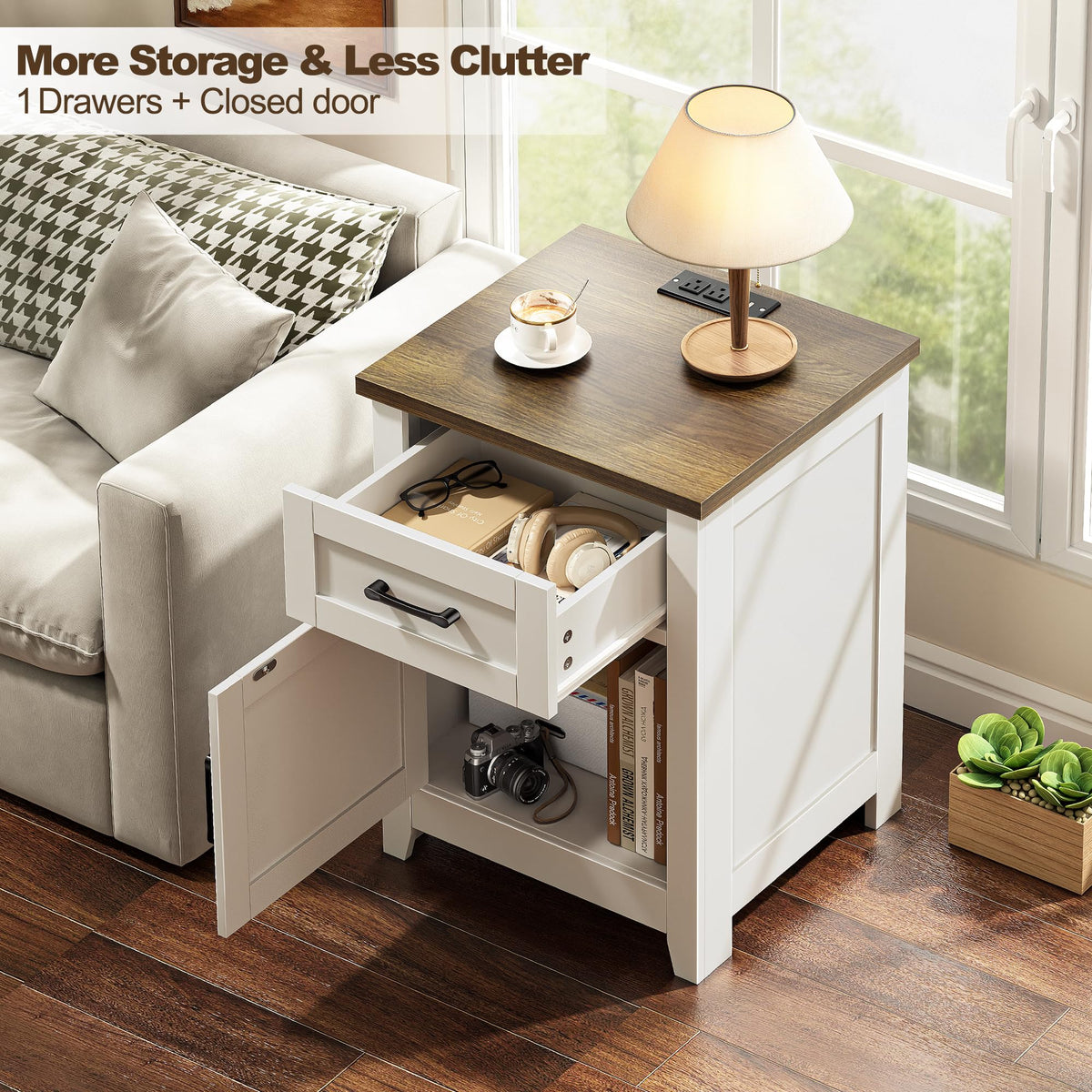 Decofy Farmhouse End Table Set of 2 with Charging Station White