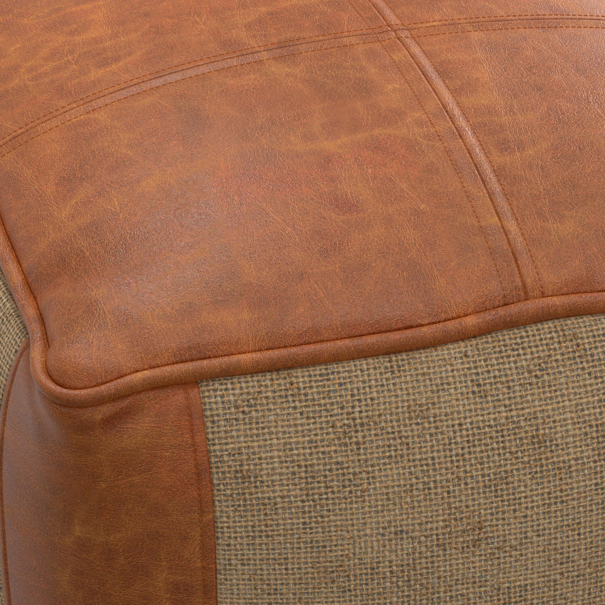 Tan Leather and Jute Pouf