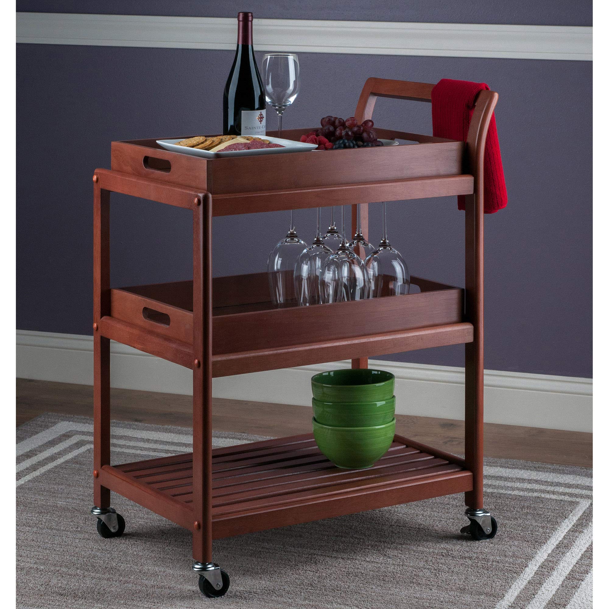 Winsome Albert 3-Tier Serving Cart, 33" in Walnut, Rolling Utility Bar Cart with Wheels for Snacks, Drinks, Kitchen Essentials, Storage & Organization for the Home or Apartment