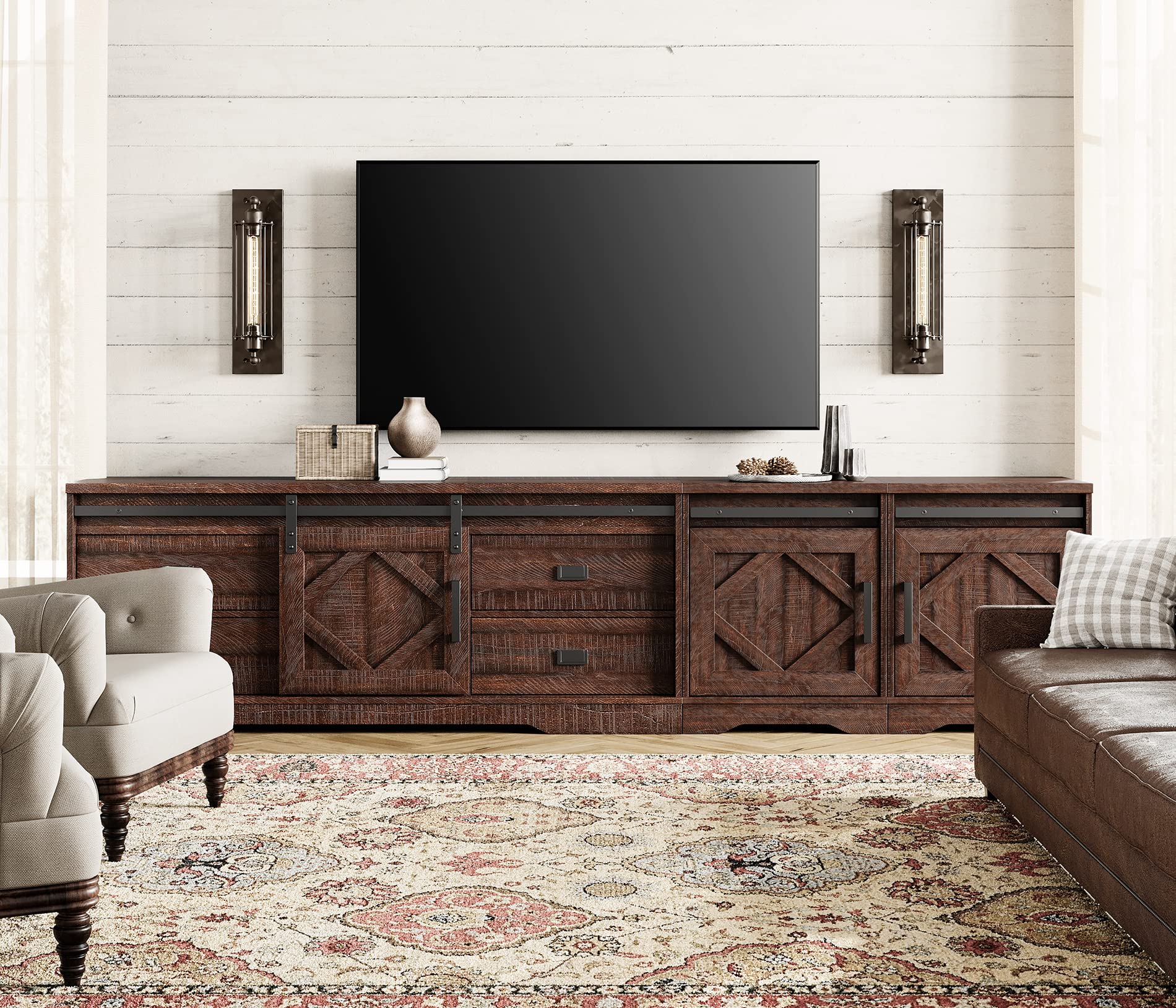 WAMPAT 98" Wide Farmhouse TV Stand for up to 110" TV, 3-in-1 Rustic Wood Entertainment Center with Drawers and Cube Cabinets for Living Room, Faux Bark Finish, Rustic Brown
