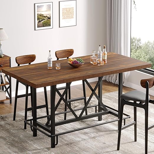 63-Inch Counter Height Bar Table with Metal Footrest