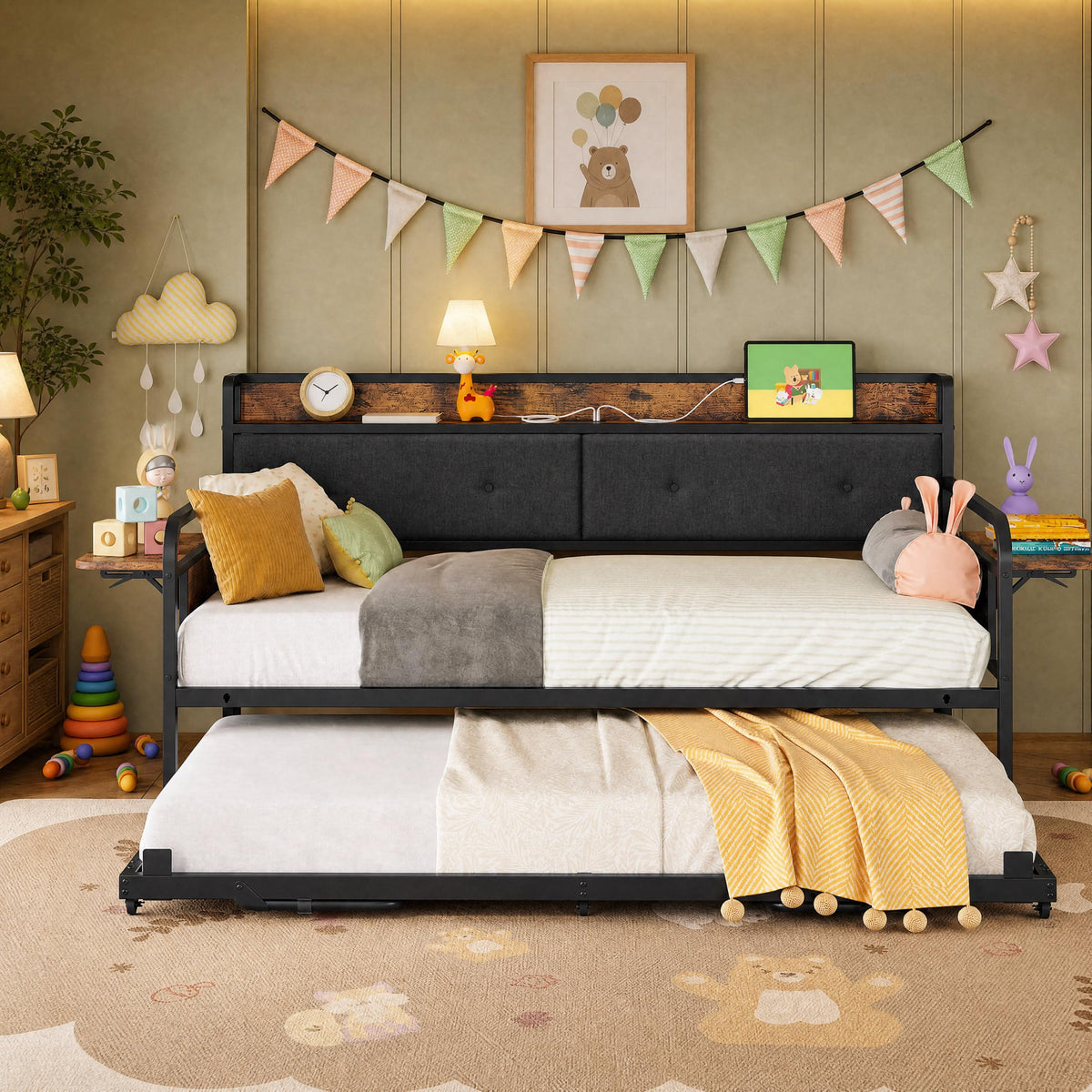 LIKIMIO Twin Daybed with Trundle, Day Bed with Charging Station
