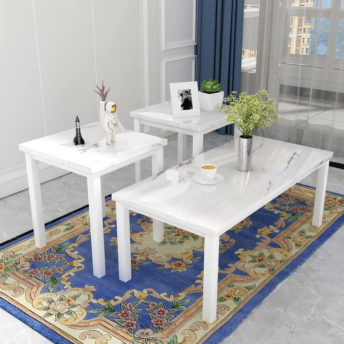 Recaceik Coffee Table Set of 3, Modern Living Room Table Set, Faux Marble Coffee Table and End Table Sets, Simple & Stylish Center Tables for Living Room Home Office Apartment Furniture