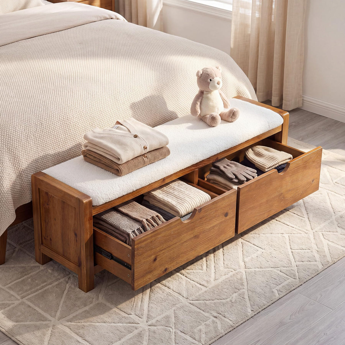 55" Wood Entryway Bench with 2 Storage Drawers, Upholstered Storage Bench