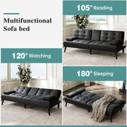 Meilocar 64" Futon Sofa Bed, Small Loveseat with 2 Cup Holders, Small Couch with 3 Adjustable Angles & Removable Armrest, Modern Sleeper Sofa for Small Space (PU Leather, Black)