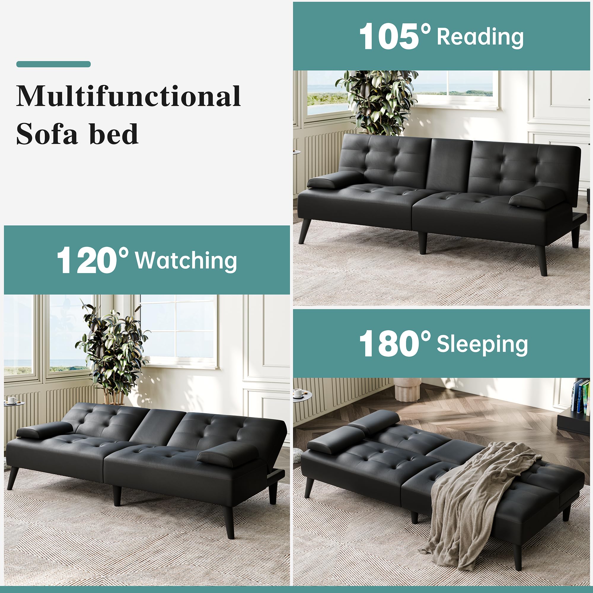 Meilocar 64" Futon Sofa Bed, Small Loveseat with 2 Cup Holders, Small Couch with 3 Adjustable Angles & Removable Armrest, Modern Sleeper Sofa for Small Space (PU Leather, Black)