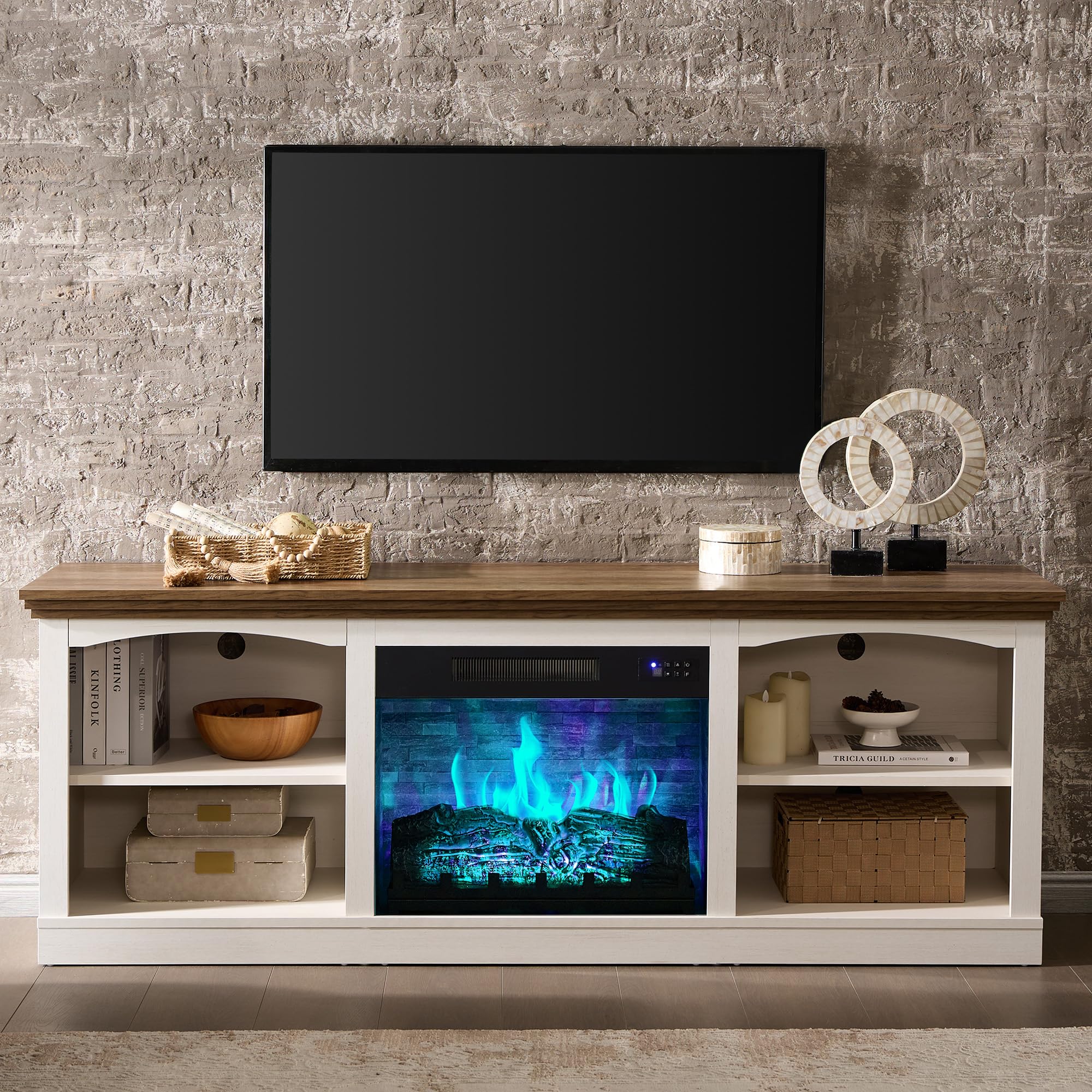 70" Farmhouse Fireplace TV Stand with Storage – Fits TVs up to 80"