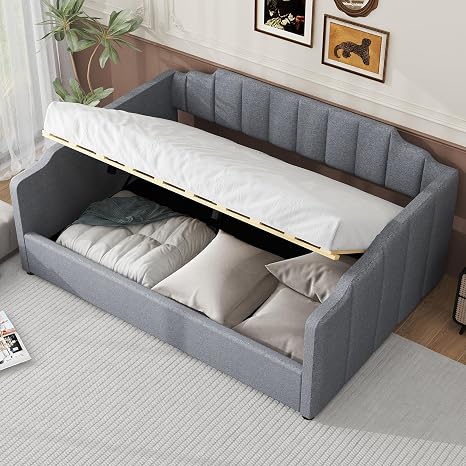 Full Size Tufted Linen Daybed with Storage