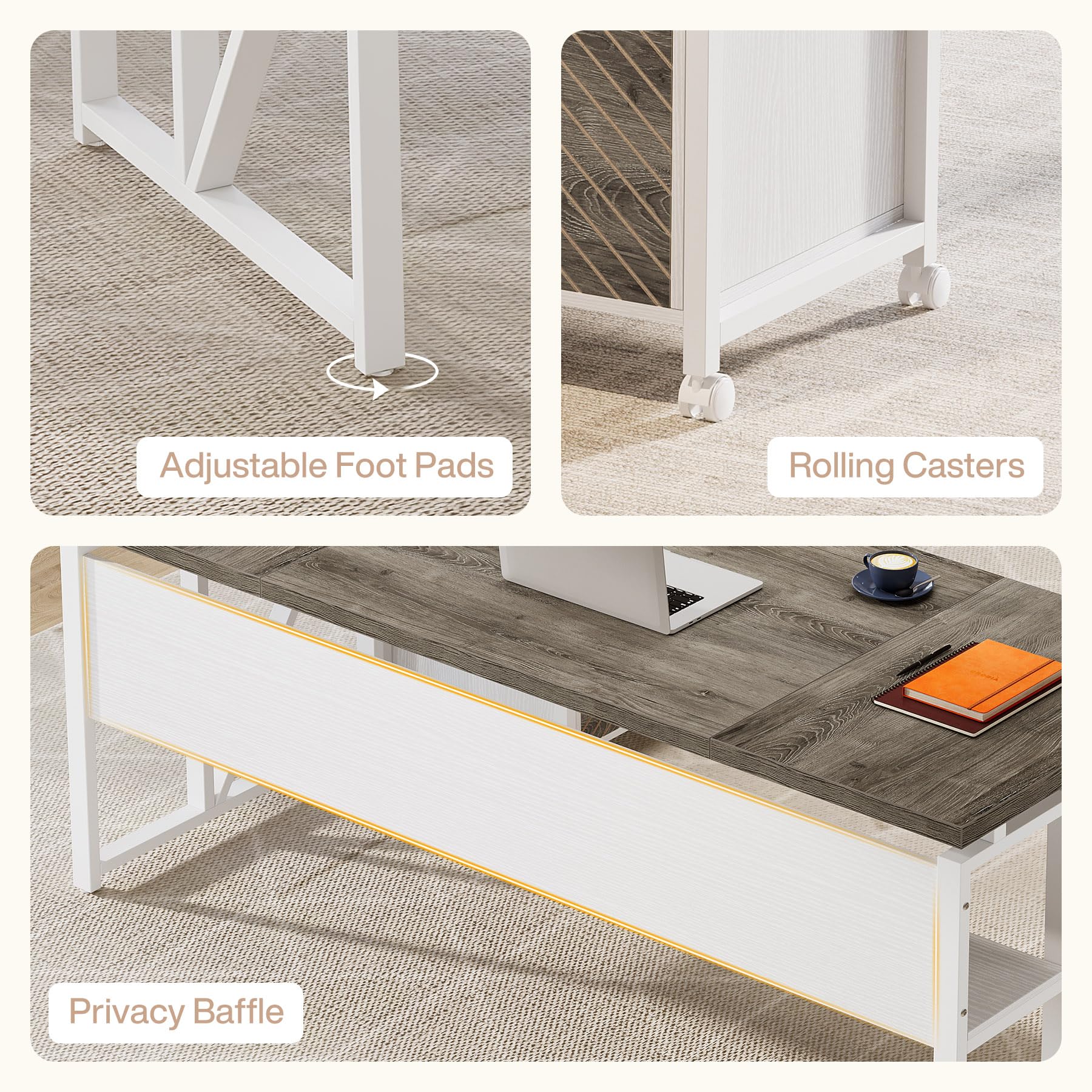 Tribesigns L-Shaped Desk with Drawers, 63" Executive Office Desk with Mobile File Cabinet and Storage Shelves, Home Office Business Furniture Set (Gray, White)