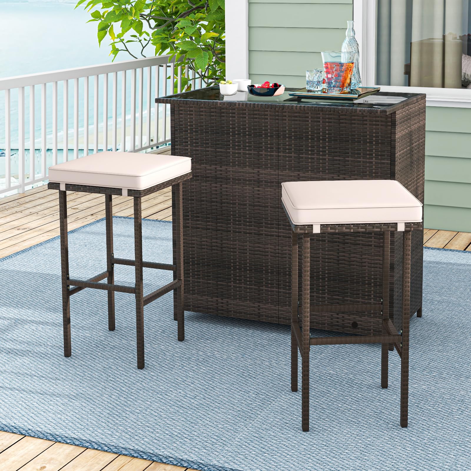 RELAX4FLIE 3-Piece Outdoor Bar Set - PE Rattan Wicker Bar Table and Stools with Removable Cushions, Tempered Glass Top & 2 Storage Shelves for Porch, Backyard, Garden, Poolside