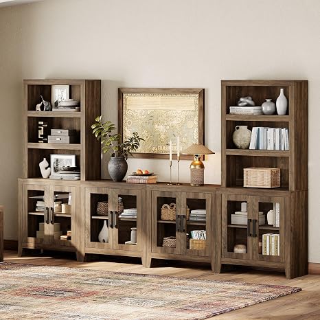 Farmhouse Entertainment Center with Bookshelves – 4-Piece Modular TV Stand