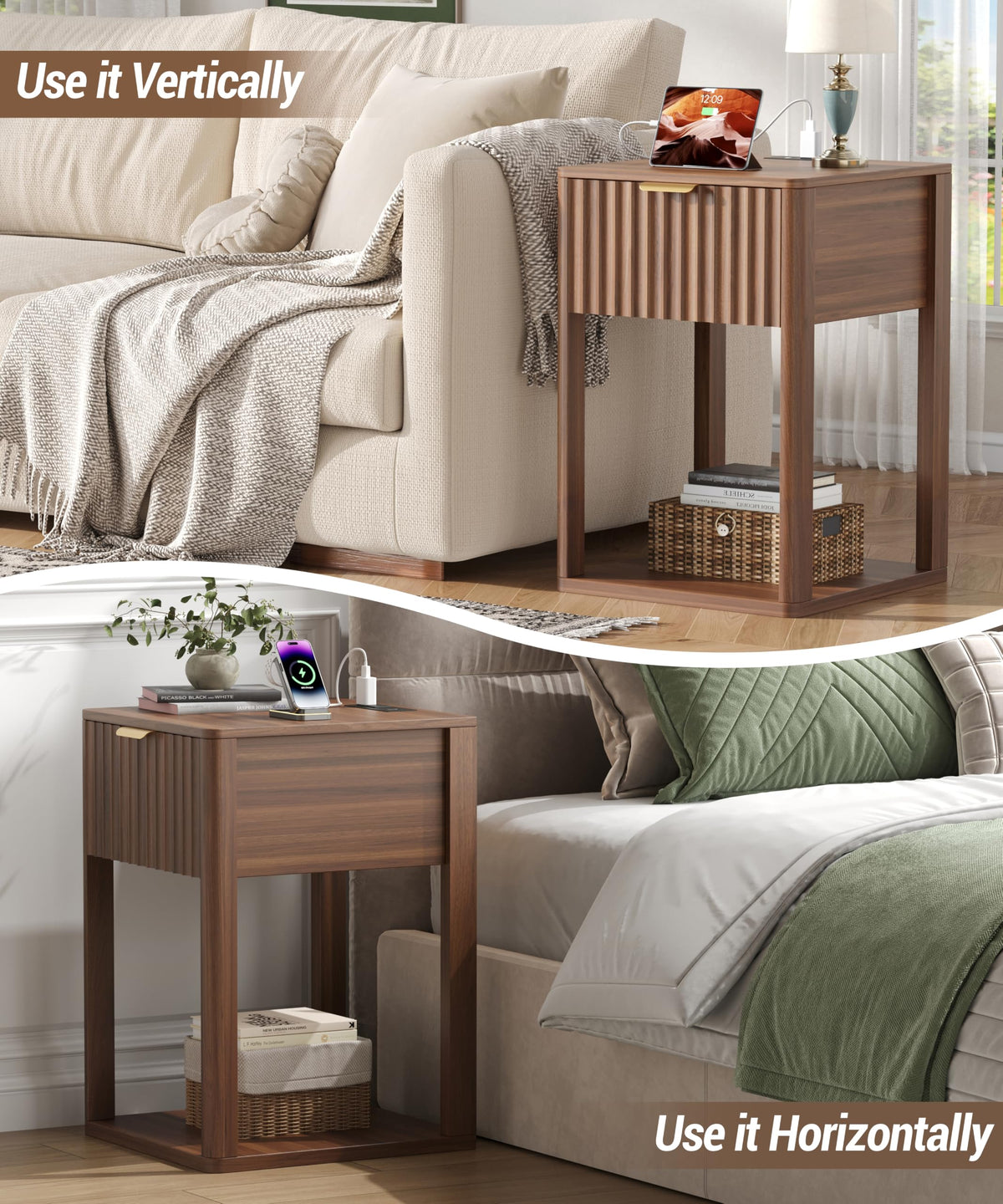Akxomel Nightstand Set 2 with Charging Station Fluted Bedside Table Walnut