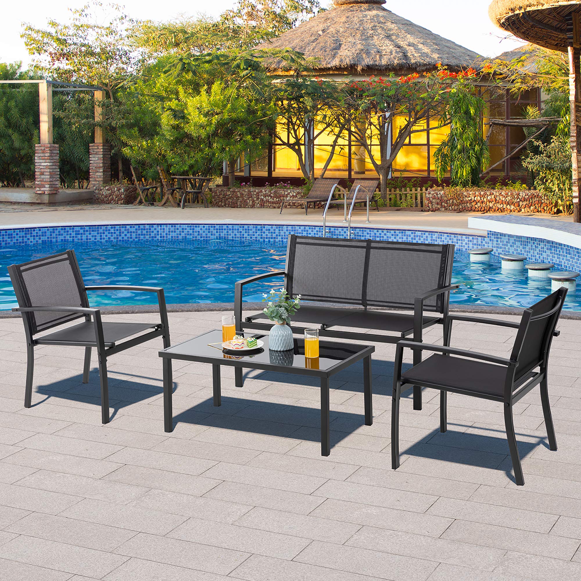 4-Piece Patio Conversation Set with Glass Coffee Table