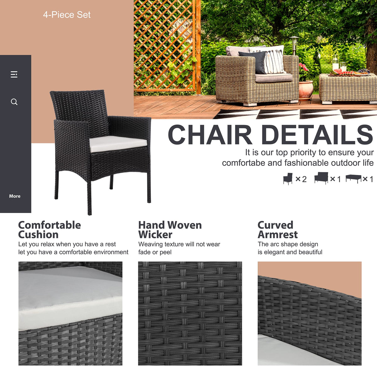 Shintenchi 4 Piece Outdoor Patio Furniture Sets, Small Wicker Patio Conversation Furniture Rattan Chair Set with Tempered Glass Coffee Table for Backyard Porch Garden Poolside Balcony,Black
