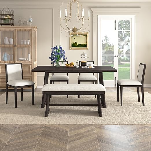 6-Piece Retro Dining Set with Table, 4 Chairs & Bench