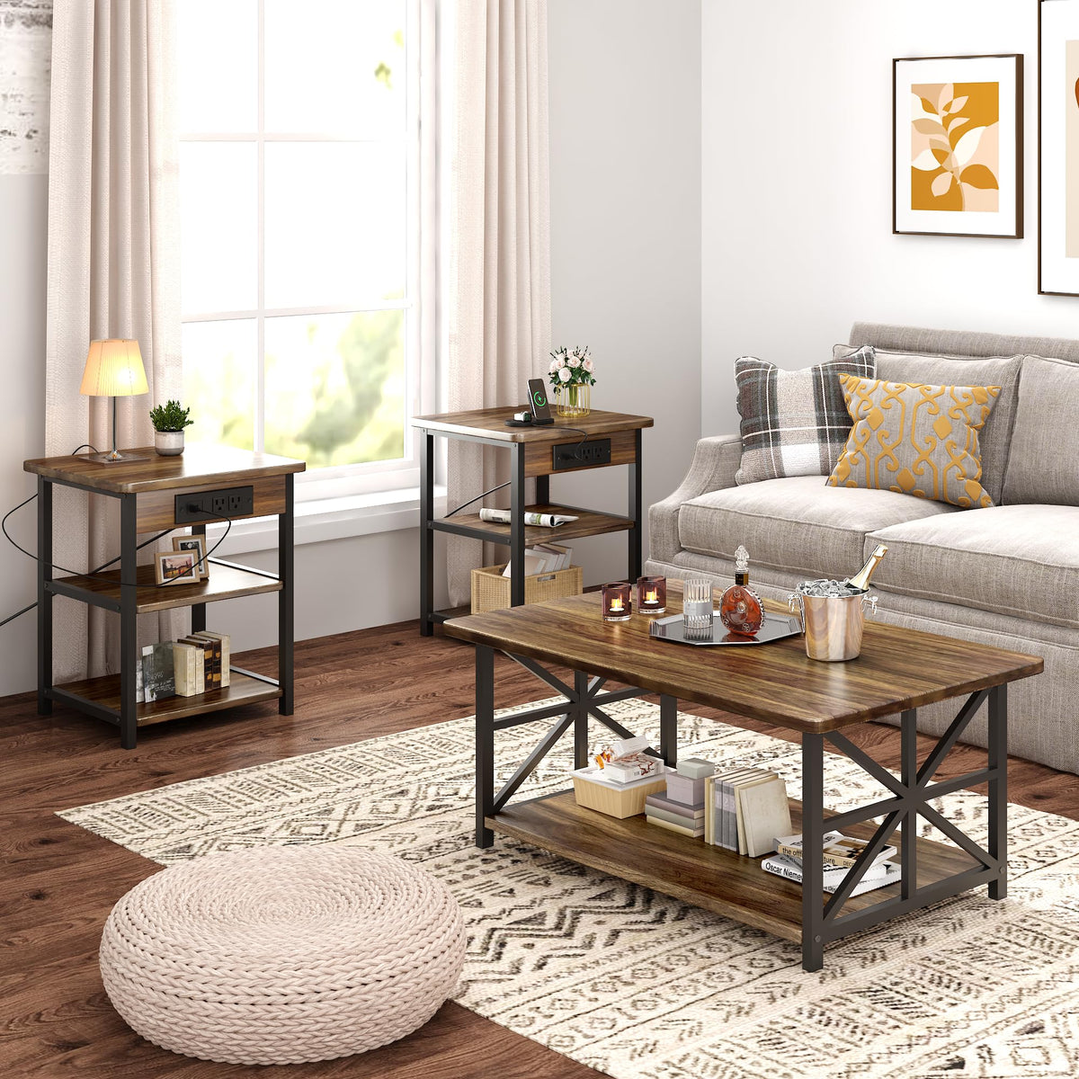 AWQM 3 Piece Coffee Table Set,End Table with Charging Station(Walnut)