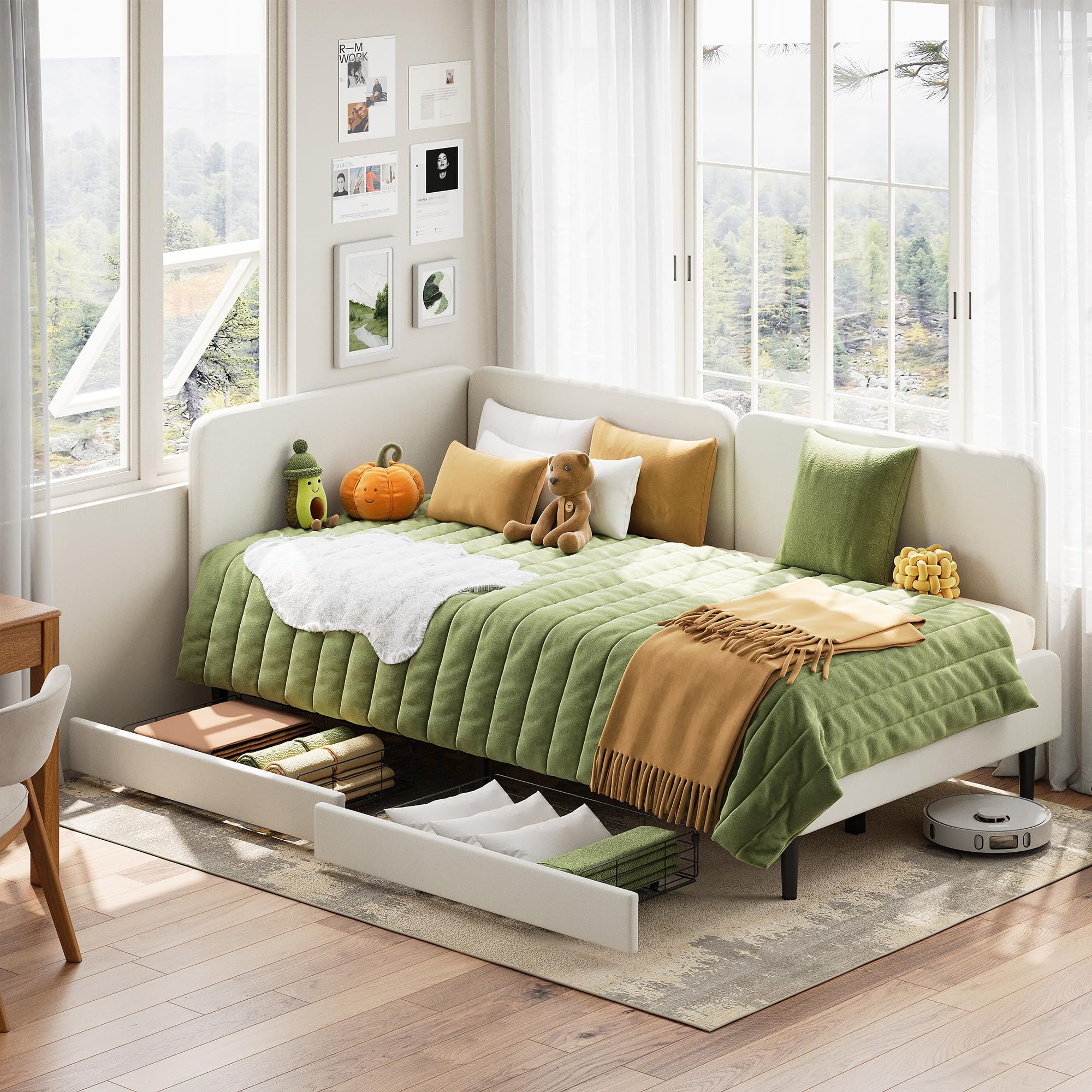 LIKIMIO Twin XL Daybed with Headboard, Corner Bed Frame with Bed Rails and Storage Drawers, Solid Support, for Bedroom Guest Room, Cream