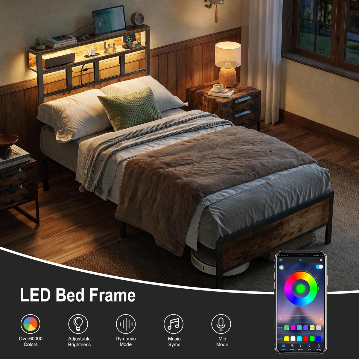 YOSEZON Twin Bed Frame with Headboard and Storage Shelf, Metal Platform Bed Frame with Charging Station, LED Lights, Noise-Reducing, No Box Spring Needed, Rustic Brown