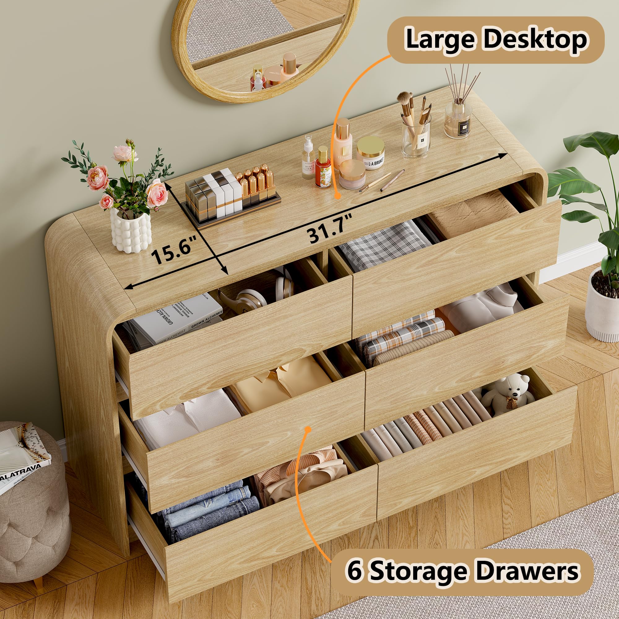 6-Drawer Wood Dresser with Curved Profile