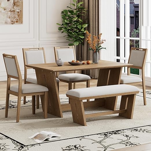 6-Piece Retro Dining Set with Table, 4 Chairs & Bench