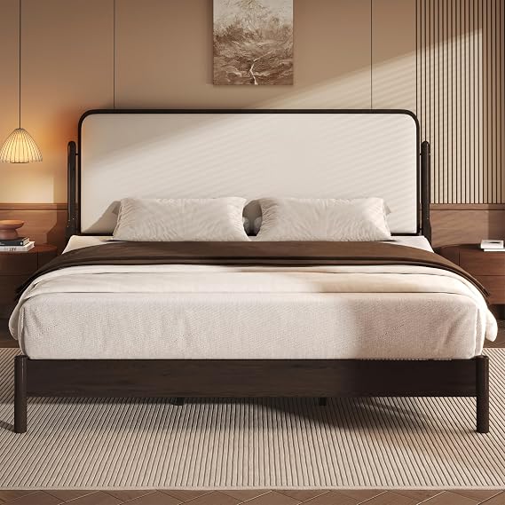 Solid Wood Bed Frame with Upholstered Headboard