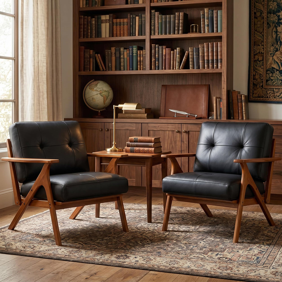 Black Leather Mid Century Curved Arm Chairs Set of 2 with Solid Wood Frame