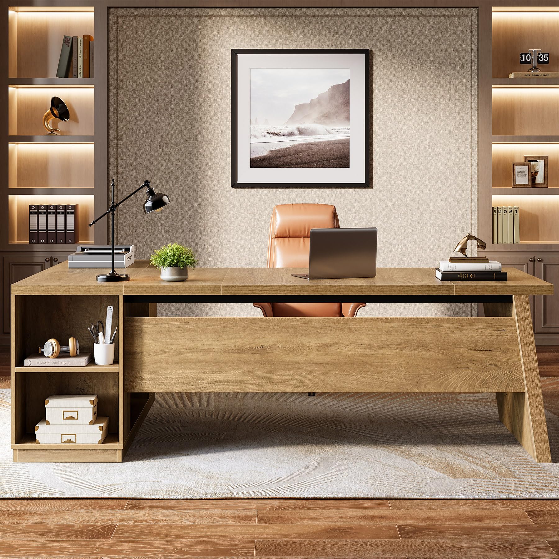 Tribesigns 78" L Shaped Desk with Drawers, Large Executive Office Desk with File Cabinet and Shelves, Modern Corner Computer Table Business Furniture for Home Office, Brown