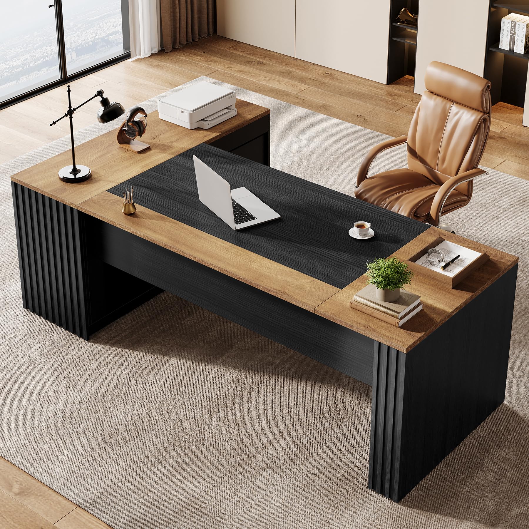 Tribesigns 78" L Shaped Executive Desk with Drawers, Large Office Computer Desk with Cabinet and Storage Shelves, Modern Business Furniture Sets Workstation for Home Office (Brown&Black)