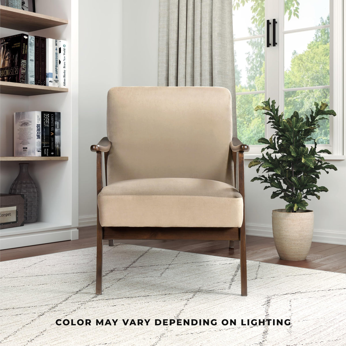 Lexicon Mid Century Modern Chair Velvet Accent Chair for Living Room Chair w/Solid Wood Armrests and Legs, Cushioned Seat and Backrest, Reading Chair and Lounge Chair for Bedrooms/Studios, Brown