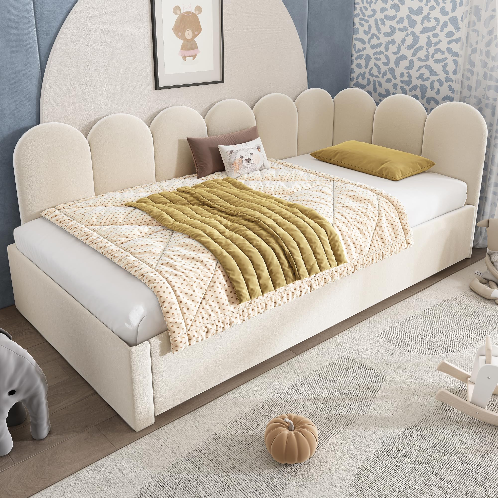 Ball & Cast Twin Size Daybed with Pull Out Trundle,Upholstered Platform Bed for Adults & Kids,Floor Sofa Daybed W/Metal Slat Support,Bedroom Furniture for Apartment,Guest Room,Living Room,Velvet,Beige