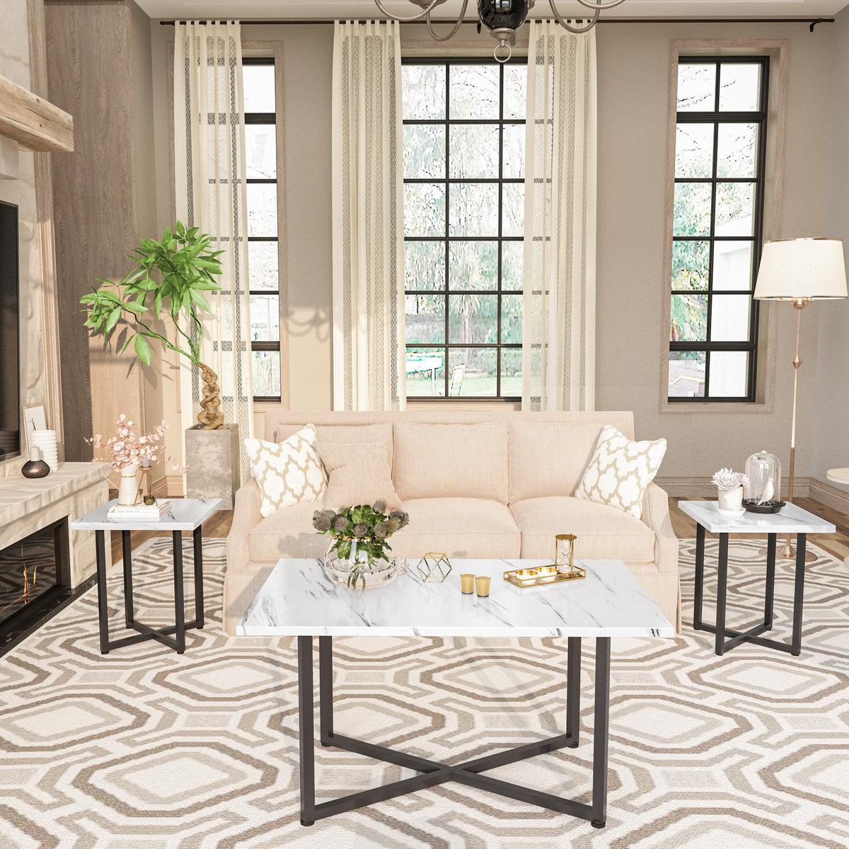 White Faux Marble Coffee Table Set