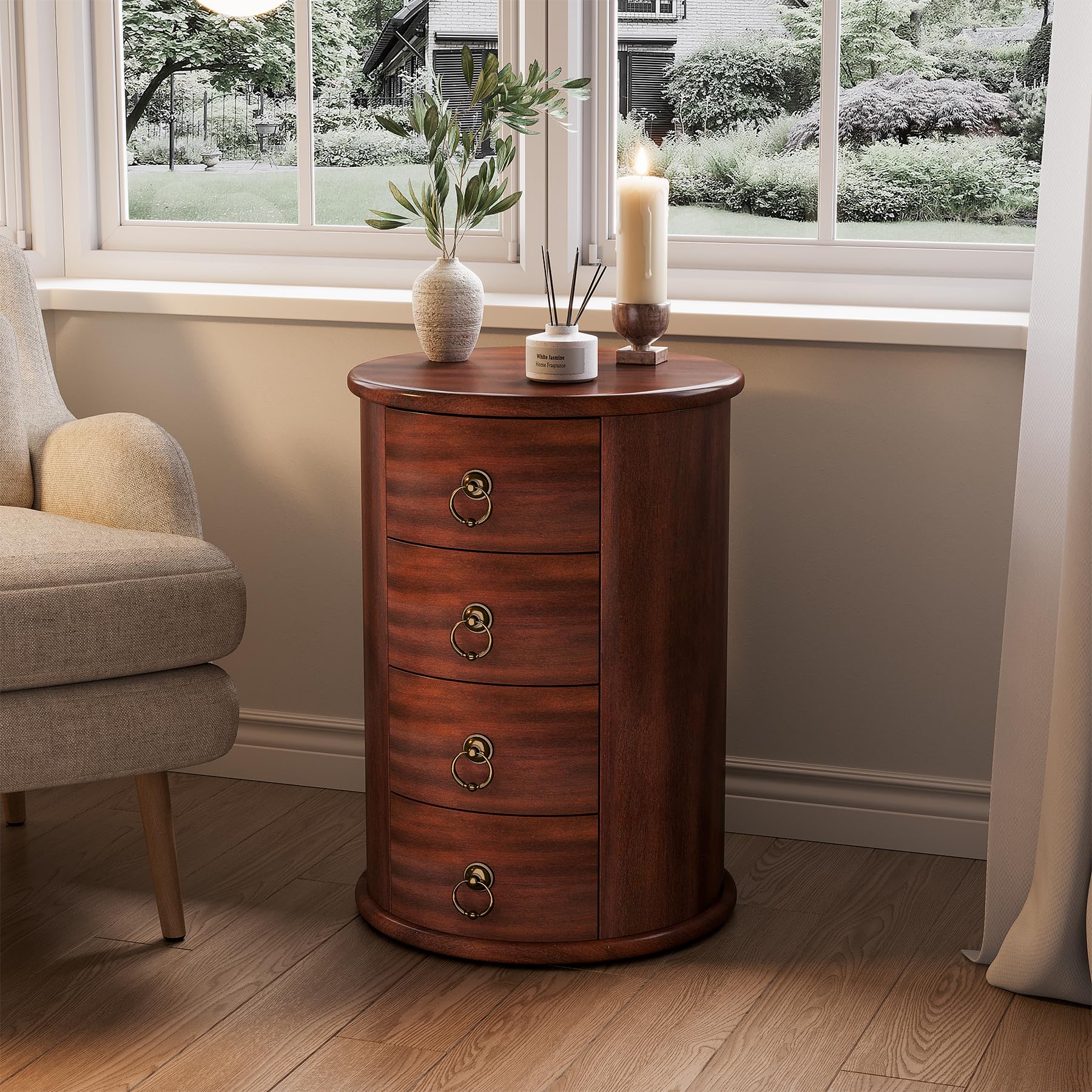 LITTLE TREE Small Side Table, Round Solid Wood End Table with Storage for Living Room, Mid Century Modern Nightstand with 4 Drawers for Bedroom, Small Spaces, Couch, Bedside, No Assembly Required