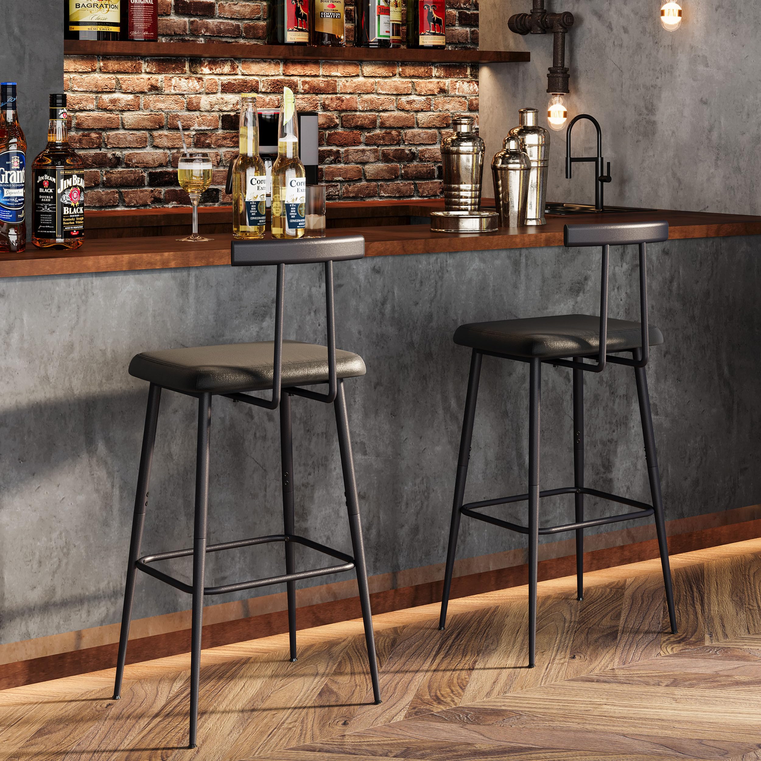 YAUKTAK Bar Stools Set of 2, Tall Bar Stools with Backrest and Footrest, Counter Height Bar Chairs, Industrial Barstools with PU Leather Cushion, for Kitchen, Dining Room, Bar, Cafe (Black) KBS515B