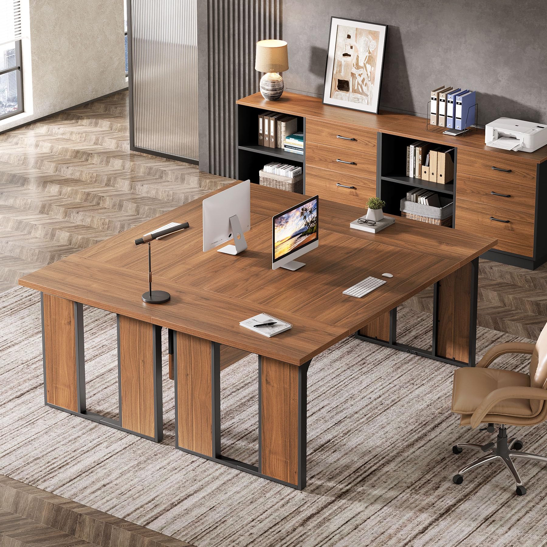 L-Shaped Executive Desk with 3-Drawer Filing Cabinet